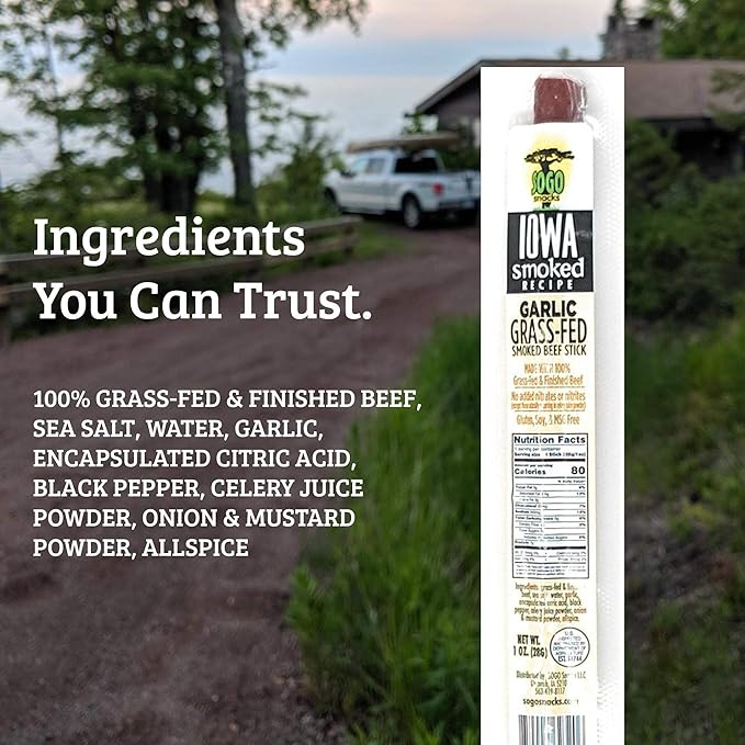 Garlic, Sogo Snacks, Sugar Free Beef Jerky, Non-GMO Grass-fed Beef Sticks. No Nitrates, Gluten, Soy, MSG, Dairy, or Nuts. Paleo, Whole30, & Keto Snack (Garlic-ISR, 1-oz, 48 Cnt)