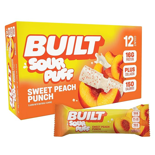 Built Bar, Sour Puff Protein Bars, Sweet Peach Punch, Collagen, On-the-go Snacks, Sour Candy Snack, 12 Pack