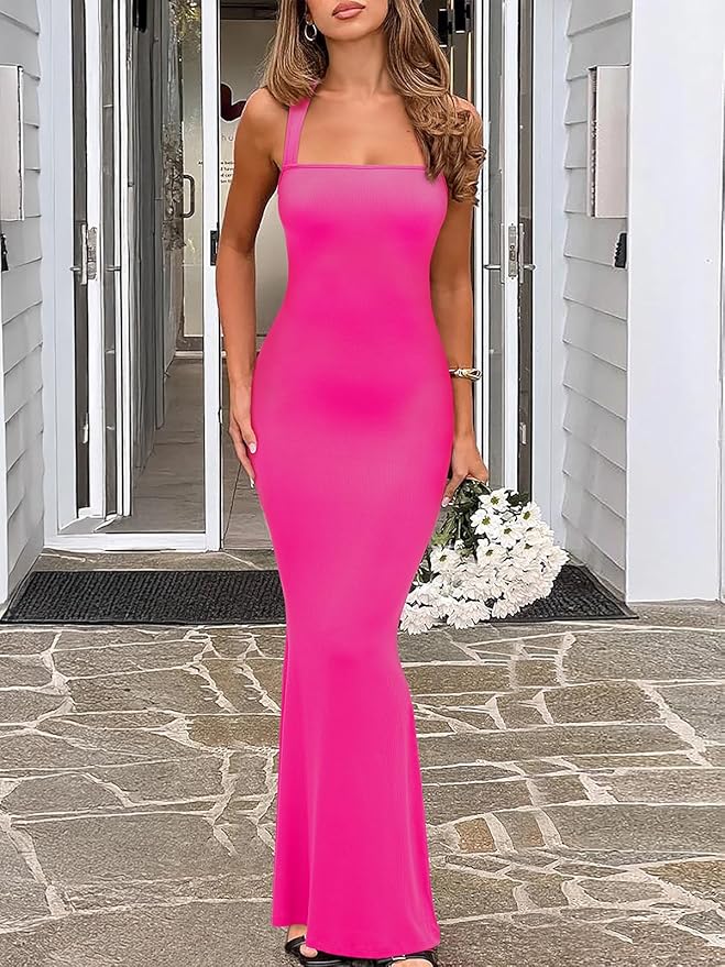 REORIA Sexy Square Neck Sleeveless Elegant Ribbded Long Maxi Dress Wedding Guest Dresses for Women 2026 Summer