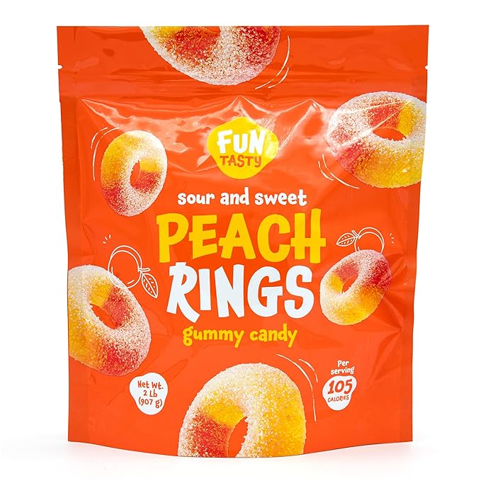Peach Rings - 2 Pound Bag - Peach Gummies Candy - Sweet and Sour Candy for Office, Snacking, Dessert Decorating, Goodie Bags - Classic Chewy Treat