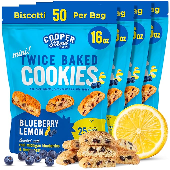 Cooper Street Twice-Baked Blueberry Lemon Biscotti Cookies (16 oz Pack of 4) – Over 50 Biscotti per Bag Loaded with Real Fruit, Traditional Italian Style Snacks - Dairy, Peanut & Soy Free, Kosher