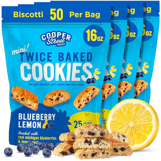 Cooper Street Twice-Baked Blueberry Lemon Biscotti Cookies (16 oz Pack of 4) – Over 50 Biscotti per Bag Loaded with Real Fruit, Traditional Italian Style Snacks - Dairy, Peanut & Soy Free, Kosher