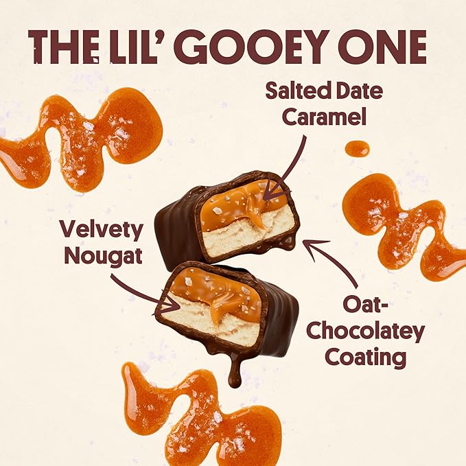 Harken Sweets The Lil’ Gooey Ones, Mini Oat Milk Chocolate Candy Bars with Date Caramel, Sweetened with Dates, No Sugar Added, High Fiber Snack, Nut-Free, Gluten-Free, Plant-Based, 6 Pouches (30 Bars)