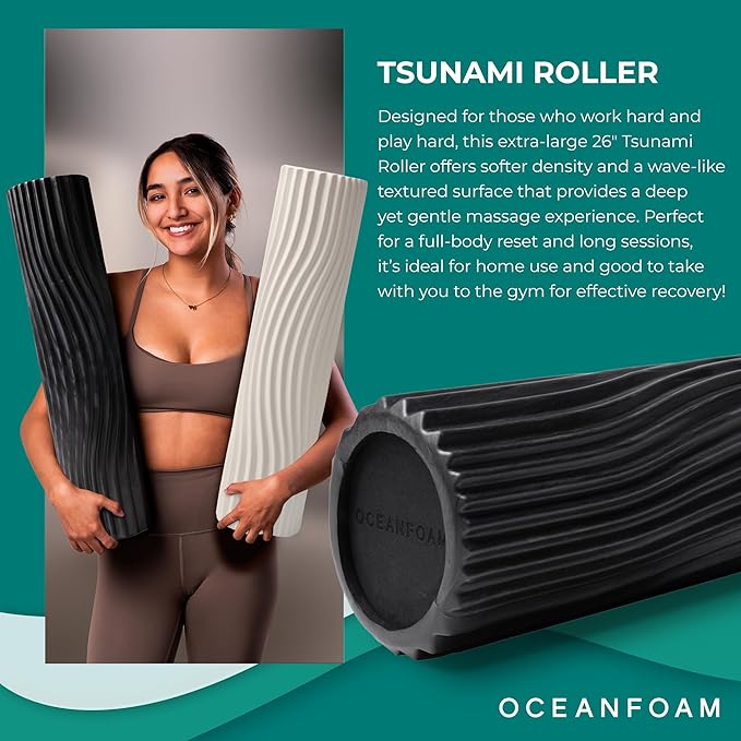 Oceanfoam Tsunami Roller (Black & Charcoal Marbled) - Extra-Large, 26" x 5.9" - Soft, Textured Foam Roller for Physical Therapy, Back Pain, Exercise & Stretching - Yoga, Athletics, & Wellness
