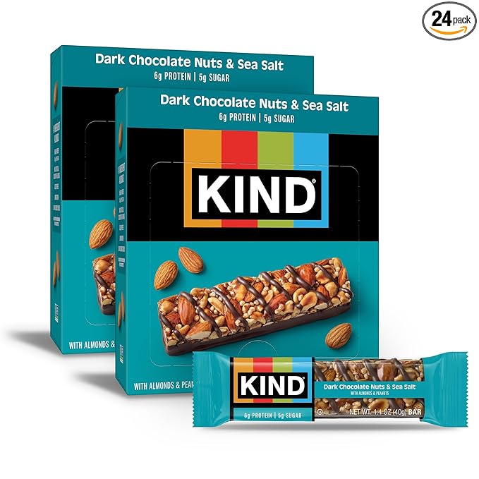 KIND Nut Bars, Dark Chocolate Nuts and Sea Salt, Healthy Snacks, Gluten Free, Low Sugar, 6g Protein, 24 Count