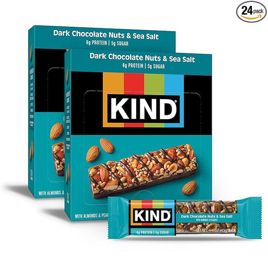 KIND Nut Bars, Dark Chocolate Nuts and Sea Salt, Healthy Snacks, Gluten Free, Low Sugar, 6g Protein, 24 Count