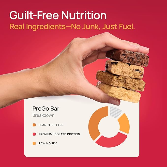 ProGo Protein Bars, Energy Bars - Up to 21g Clean Protein, Made with 95% Pure Isolate, Tallow, Collagen, Real Ingredients - Low Calorie, No Artificial Sweeteners (4-Count, Starter Pack)