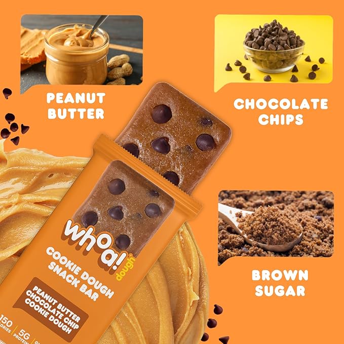 Whoa Dough Edible Cookie Dough Bars- Certified Non-GMO, Kosher and Gluten Free Bars - Healthy Snack Foods - Plant Based Snacks - Peanut Butter Chocolate Chip Cookie Dough - 10 Pack