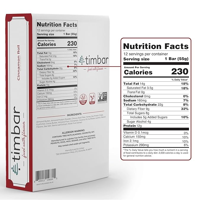 timbar Plant Based Protein Bars 12 Pack | Natural Energy & Nut Bars with 13g Protein | Gluten Free, Non-GMO, Dairy Free, Healthy On-the-Go Snack & Meal Replacement (12 Packs, Cinnamon Roll)