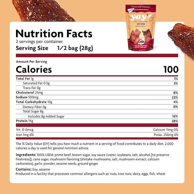 Yay's Snacks Sweet and Spicy Beef Jerky Crisps | High Protein Teriyaki Snack | Crispy, Crunchy, Non-GMO, Gluten-Free Meat Snack | 28G Protein Per Bag, Made in USA - 1 Pack (1.75 Oz)