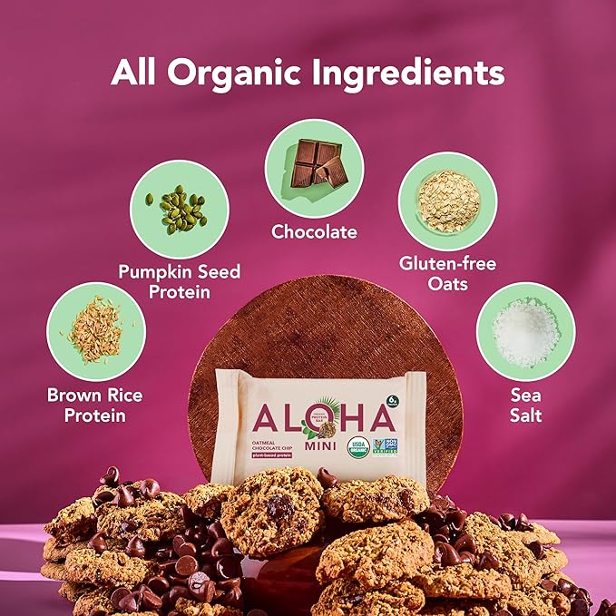 ALOHA Organic Plant Based Protein Bar MINIS | Oatmeal Chocolate Chip | GLP-1 Friendly, 20 Count, 24g Bars | Vegan, Low Sugar, Gluten Free, Low Carb, Non-GMO, No Stevia, No Soy, No Sugar Alcohols