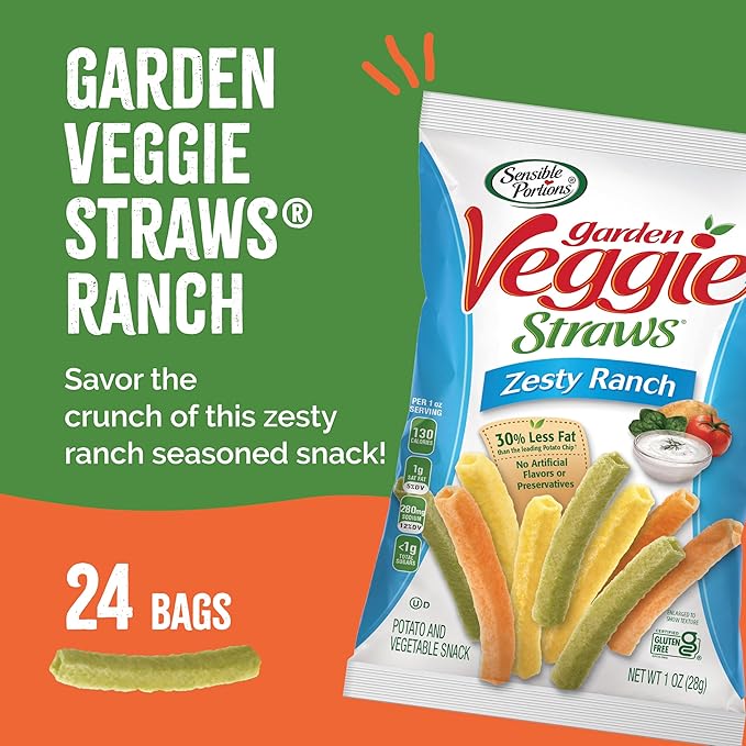 Sensible Portions Garden Veggie Snacks - Ranch Veggie Straws, Snack Size, 1 Oz (Pack of 24)