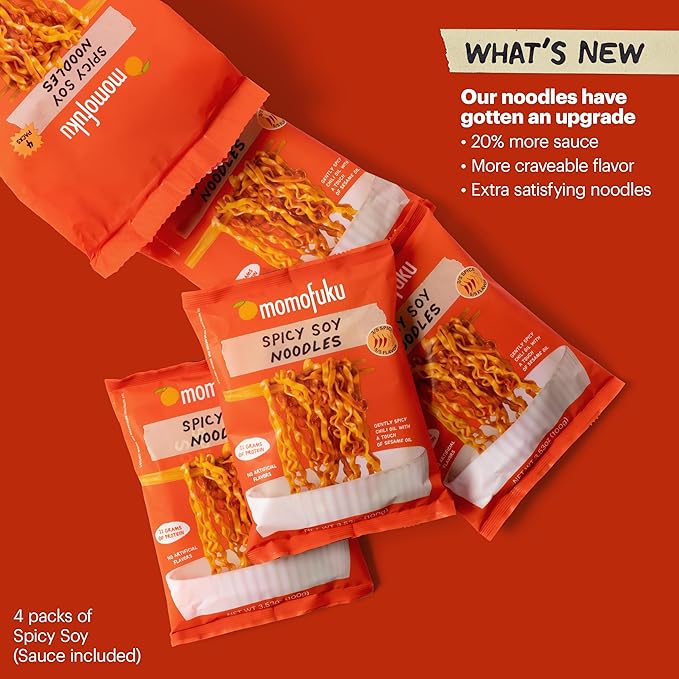Spicy Soy Noodles Ramen Noodles by David Chang, 4 Pack of Restaurant Quality Air-Dried Instant Noodles Now with More Sauce & 10g of Protein