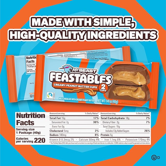 Feastables MrBeast Peanut Butter Cups, Milk Chocolate & Creamy Peanut Butter Filling, Cups for Adults & Kids, Chocolate Candy for Snacks, Gifts, or Dessert, Made With Fairtrade Cocoa, 2 Pack, 24 Count