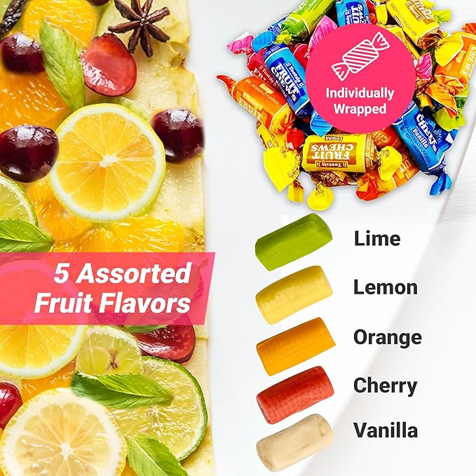 Fruit Chews Candy - 2 Pounds Bulk Bag (Approx. 140 Pieces), Fruit Chews Rolls, 5 Assorted Flavors, Soft & Fruity Taffy Candy, Individually Wrapped Gluten Free Treats, Holiday Candy