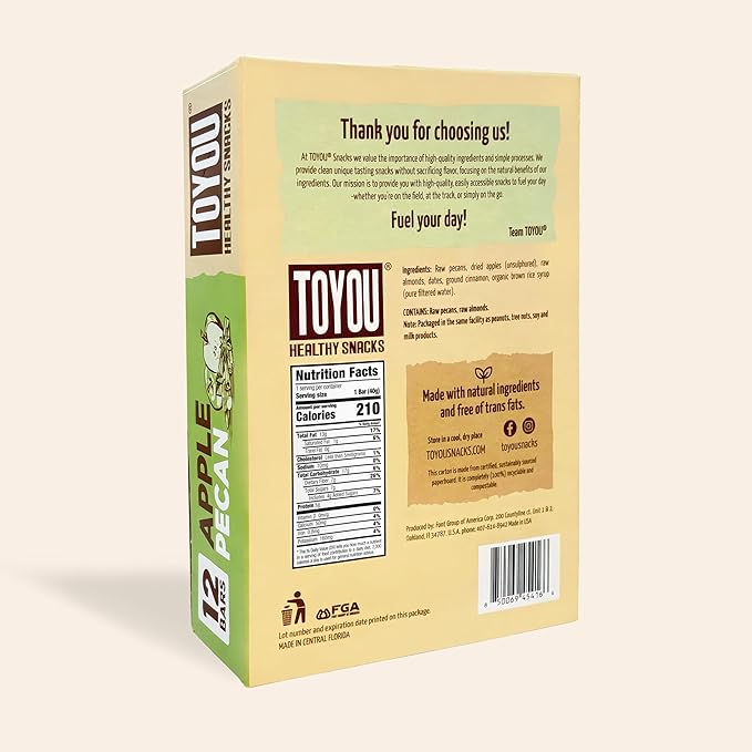 ToYou Gluten Free Chewy Fruit and Nut Bars - Healthy Protein Snacks | Apple Pecan - 1.41 Ounce (Pack of 12) | Soft Chewy, Vegan, Fiber-Packed Granola Bars for Adults and Kids, Made with Natural Ingredients