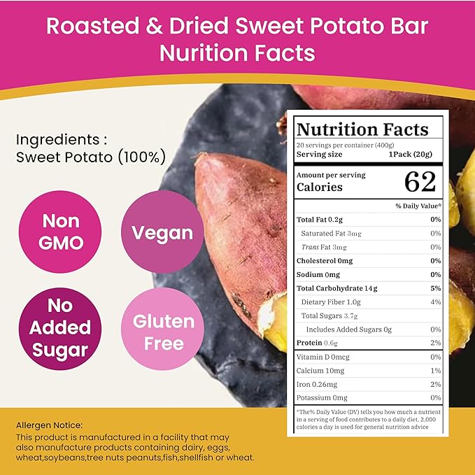 Korean Sweet Potato Sticks 20 Packs 100% Natural, Vegan, Low Carb, Gluten-Free Korean Snacks Pack with Dried Sweet Potatoes, Individually Wrapped for Healthy South Korean Diet Food (0.7 Oz EA)