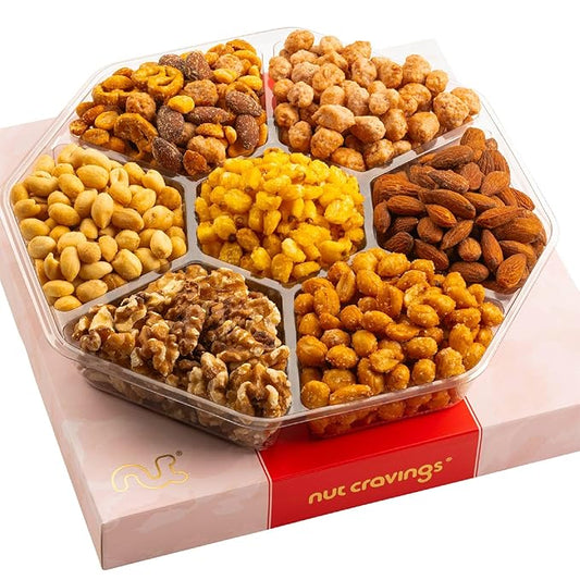 NUT CRAVINGS - Valentines Day Mixed Nuts Gift Basket in Red Gold Classic Box (7 Assortments, 1 LB) Treats for Adults, Food Arrangement, Healthy Snack Care Package, Kosher