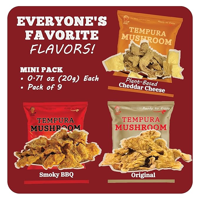 BITETUOSO Mini Pack Tempura Oyster Mushrooms – Ready-to-Eat Crispy Snack (9-Pack), Variety Pack for Kids & Adults – Gourmet Plant-Based Snack Chips in Original, BBQ, and Cheddar Cheese Flavors
