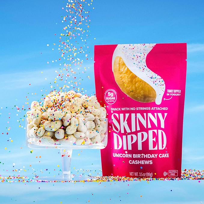 SkinnyDipped Birthday Cake Cashews, Healthy Snack, Plant Protein, Gluten Free, 3.5 oz Resealable Bags, Pack of 5