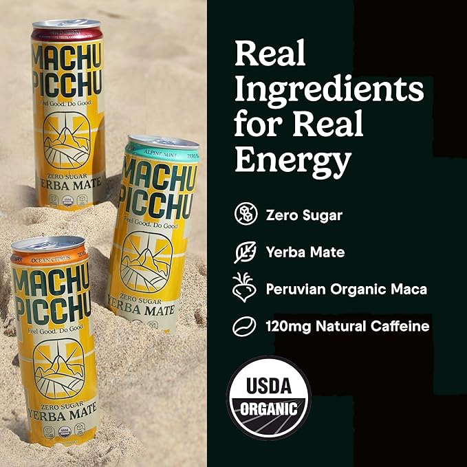 MACHU PICCHU Non-Carbonated Yerba Mate Energy Drink – Zero Sugar, 120mg Organic Caffeine, Smooth Focus Without Jitters or Crash, Low Calorie, USDA Organic, 12oz Cans (12-Pack Variety Pack