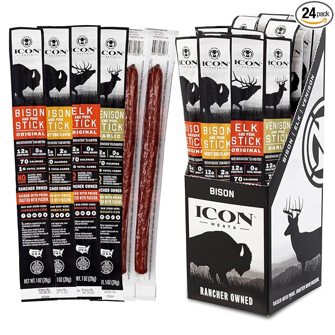 ICON Meats Snack Sticks Sampler, 24 Pack High Protein Snacks, Assorted Bison, Elk, Venison & Pork Individually Wrapped Meat Sticks 6 Per Flavor, Gluten Free, Low Sugar, Gifts or Stocking Stuffers