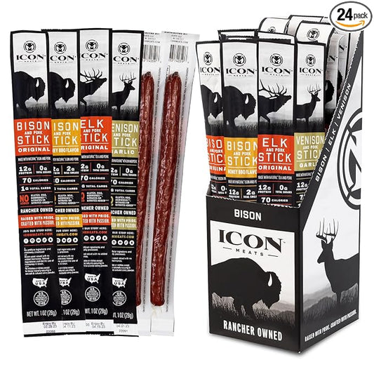 ICON Meats Snack Sticks Sampler, 24 Pack High Protein Snacks, Assorted Bison, Elk, Venison & Pork Individually Wrapped Meat Sticks 6 Per Flavor, Gluten Free, Low Sugar, Gifts or Stocking Stuffers