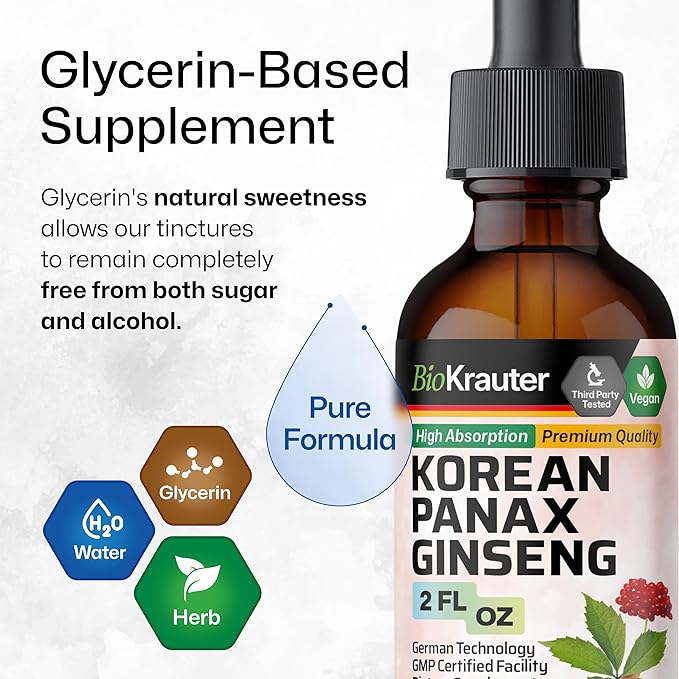 BIO KRAUTER® Ginseng Supplement - Pure Vegan Liquid Drops Korean Red Ginseng 696 mg per Serving 2 Fl.Oz 28-Day Supply - Used for Energy, Focus, Performance & Immune Support - Alcohol & Sugar Free