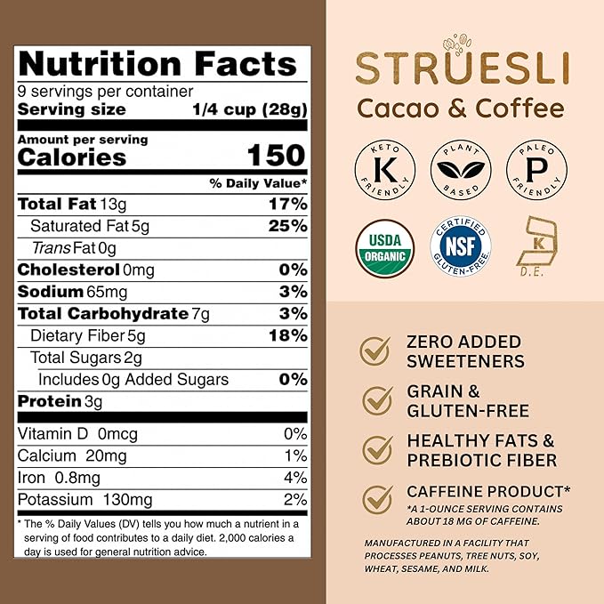 Struesli Cacao + Coffee Organic Granola, Grain & Gluten Free, Healthy Snacks with Cacao, Coffee, Tiger Nuts, Pecans, Walnuts, Hemp Hearts & Coconut Flakes, Plant Based, Keto & Paleo Friendly, 9 Oz
