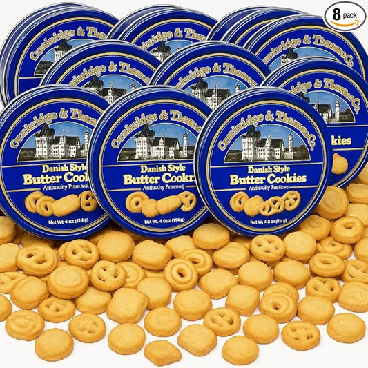Danish Butter Cookies, 8 Decorative Blue Tins – Assorted Cookie Shapes, Rich Buttery Taste, 4 oz Each – Holiday Gift Set for Daycare, Hospitals, Corporate Offices, Teachers, Families & Everyday Sharing