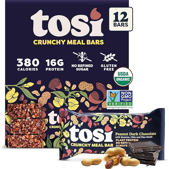 Tosi Meal Nut Bars, Peanut Dark Chocolate, Healthy Snacks for Adults & Kids, Crunchy Plant Based Protein Bar (16G), Keto Snacks, Vegan, Gluten & Soy Free, Low Sugar, Omega 3s, 2.4oz, 12-Pack