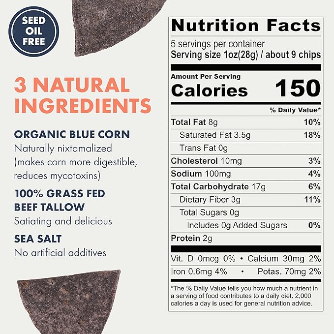 MASA Chips Blue Corn Tortilla Chips - Naturally Grown Blue Corn with Grass Fed Tallow and Sea Salt Tortilla Chips - No Seed-Oil Snacks - 2 Pack, 5 Ounce Each
