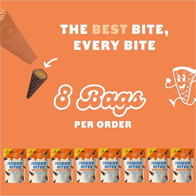 Muddy Bites Waffle Cone Snacks Bite Sized Chocolate Filled Cones for Dessert, Ice Cream Topping, Premium, Kosher(Peanut Butter Chocolate, 8 Bags)