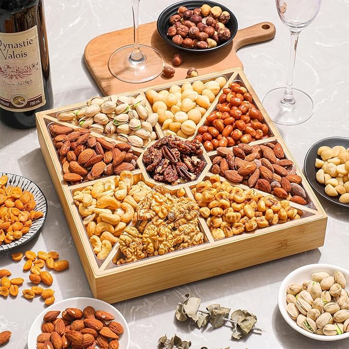 Gourmet Mixed Nuts Gift Basket in Sleek Bamboo Wood Reusable Platter | XL 2 lb Platter Includes 9 Assortments of Premium Nuts, Kosher