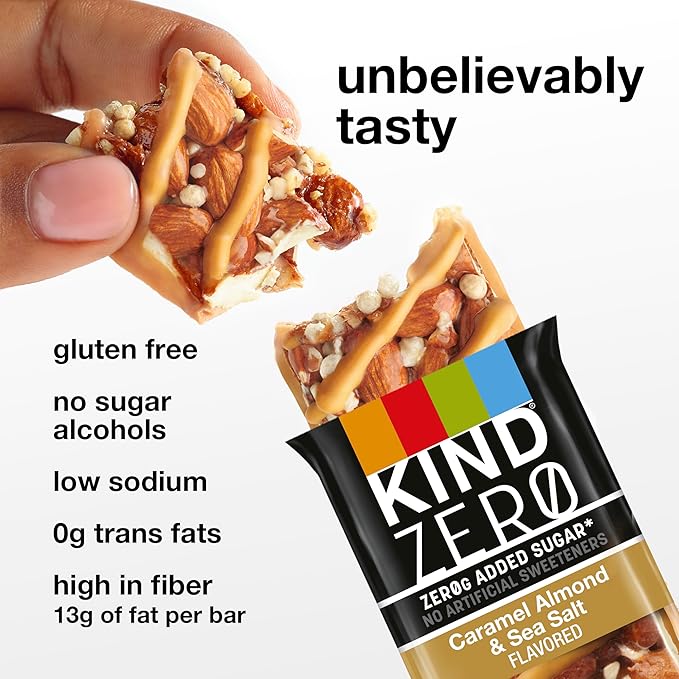 KIND ZERO Added Sugar Bars, Variety Pack, Dark Chocolate Nuts & Sea Salt, Caramel Almond & Sea Salt, Peanut Butter Dark Chocolate, Keto Friendly Snacks, Gluten Free, 5g Protein, 15 Count