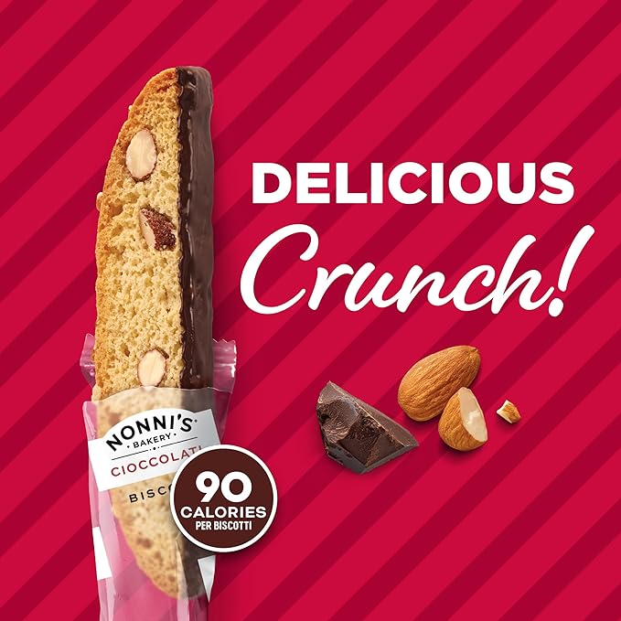 Nonni's Cioccolati Dark Chocolate Almond Biscotti Cookies – Individually Wrapped Italian Coffee Snack, Crunchy Twice-Baked, 90 Cal Each, 21.5 oz Carton, 2 Pack