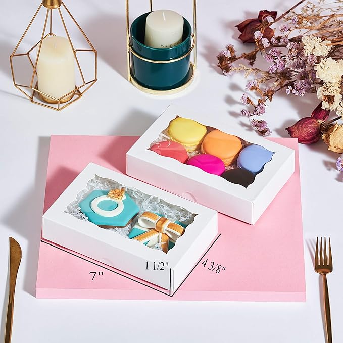 RomanticBaking 12 Pack Cookies Boxes Assembly Pop-up 7" x 4 3/8" x 1 1/2" White Bakery Boxes,Pastry Boxes,Dessert Boxes,Donuts Boxes