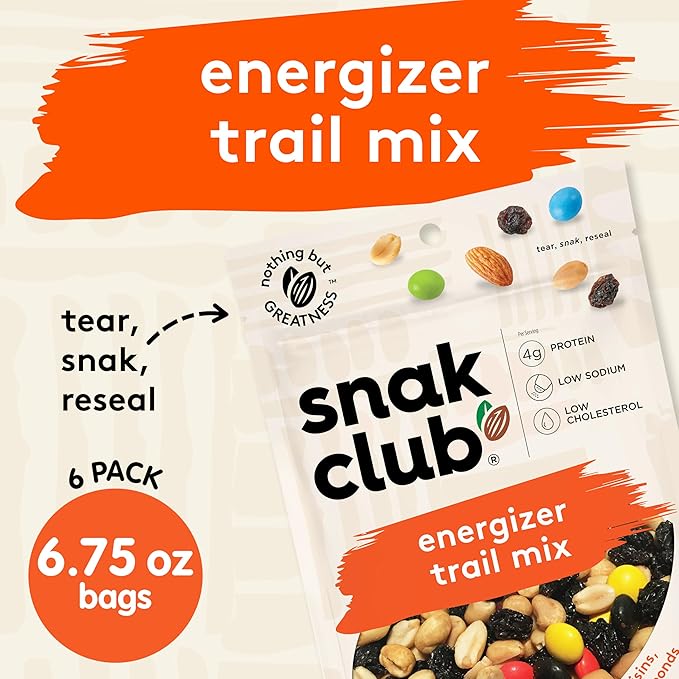 Snak Club Energizer Trail Mix with Roasted Salted Peanuts, Raisins, Chocolatey Candies, Roasted Almonds, Gluten-Free and Kosher Snack, 6.75 oz Resealable Bags, 6 Pack