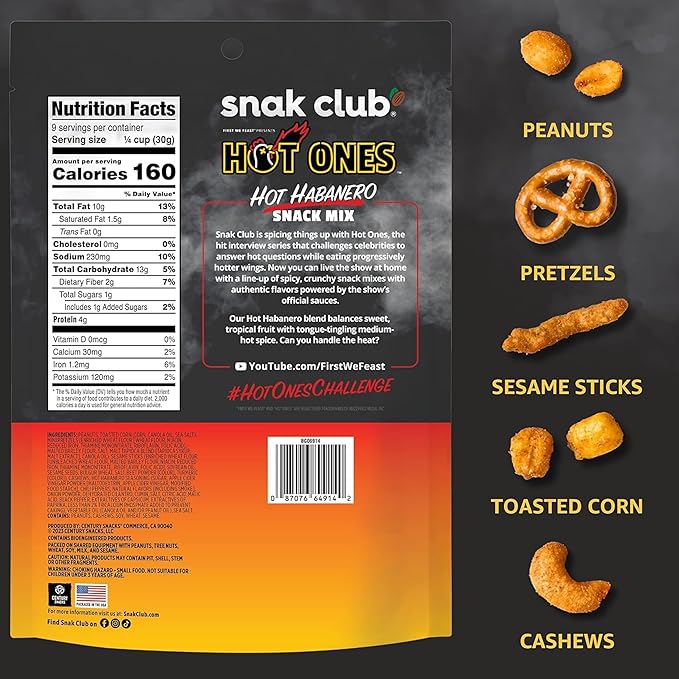 Snak Club x Hot Ones Hot Habanero Snack Mix, Spicy Snacks with Peanuts, Pretzels, Sesame Sticks, Toasted Corn & Cashews, Inspired by Hot Ones Hot Sauce, 10 oz Bag