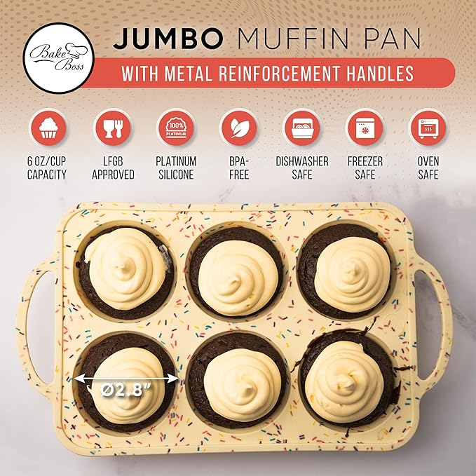 BAKE BOSS 2-Pack Confetti Jumbo Silicone Muffin Pans for Baking – 6-Cup Nonstick Silicone Cupcake Pan – Heavy-Duty Large Cupcake Pan, BPA-Free, Easy-Release, Oven & Dishwasher Safe