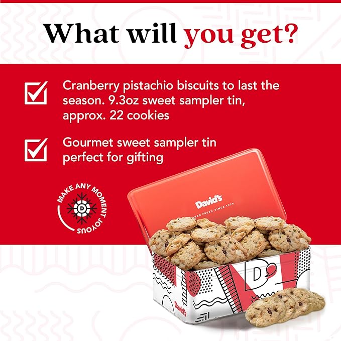 David's Cookies Cranberry Pistachio Biscuits Sweet Sampler Tin - Irresistible Crunch, Snacks And Bakery Treats - Ideal for Snacking And Gifting - Delicious Gourmet Food Gift For All Occasions 9.3oz