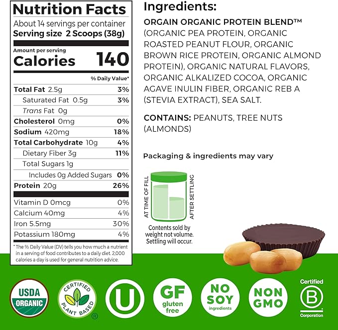 Orgain X Justin's ® Organic Vegan Nut Butter Protein Powder, Chocolate Peanut Butter- 20g Plant Protein, 1g Sugar, Gluten Free, No Dairy, Soy Ingredients, or Artificial Flavors, 1.17 lb