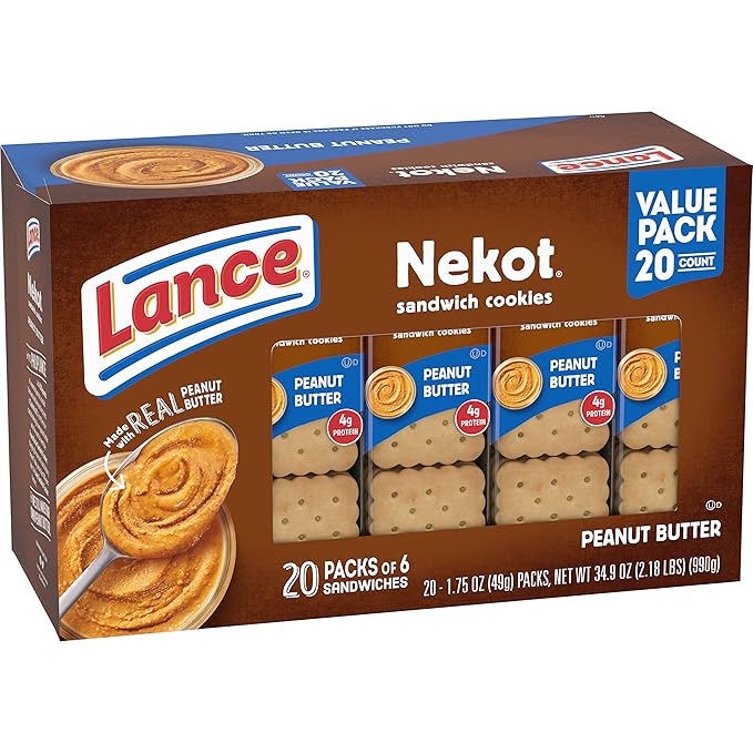 Lance Sandwich Cookies, Nekot Peanut Butter, 20 Individually Wrapped Packs, 6 Sandwiches Each (Pack of 6)