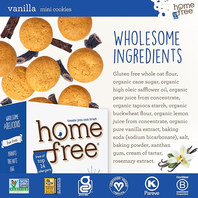 Homefree Mini Vanilla Cookies, Gluten Free, Nut Free, Vegan, School Safe and Allergy Friendly Snack, 5 oz. Box (Pack of 1)