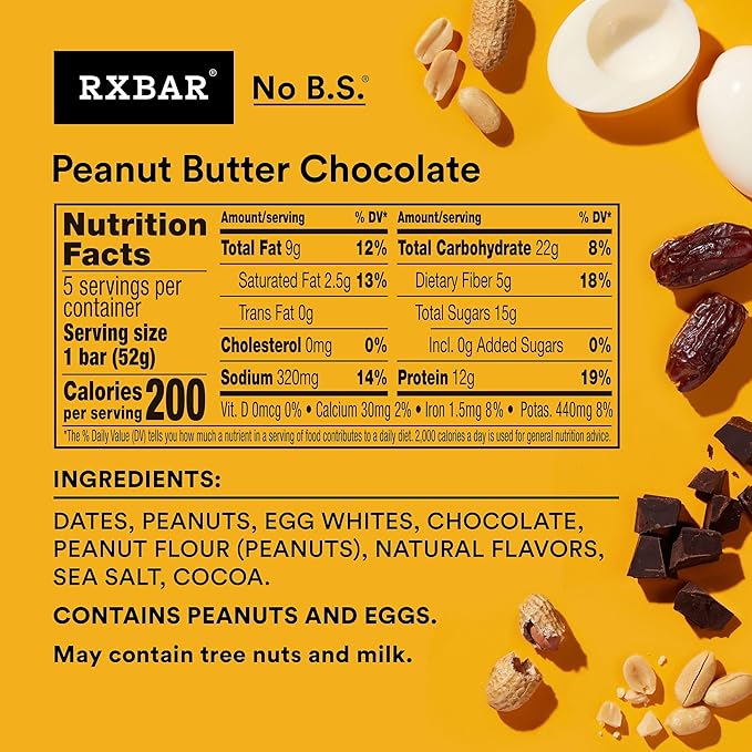 RXBAR Protein Bars, 12g Protein, Gluten Free Snacks, Peanut Butter Chocolate (6 Boxes, 30 Bars)