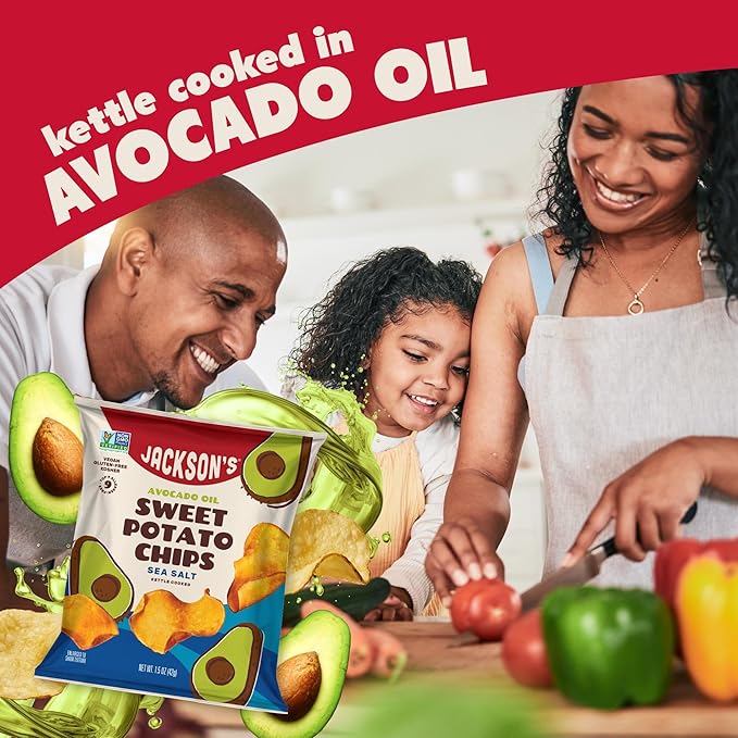 Jackson’s Sweet Potato Kettle Chips with Sea Salt made with Premium Avocado Oil (1.5 Ounce, Pack of 18) - Allergen-friendly, Gluten Free, Peanut Free, Vegan, Paleo Friendly - Shark Tank Product