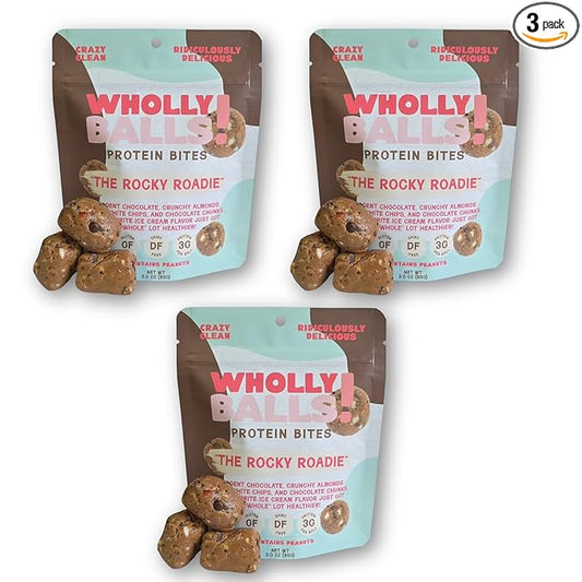Wholly Balls Protein Bites – Healthy Plant-Based Snack | High Protein, Low Sugar, Gluten-Free Energy Balls (Pack of 3, Rocky Roadie)