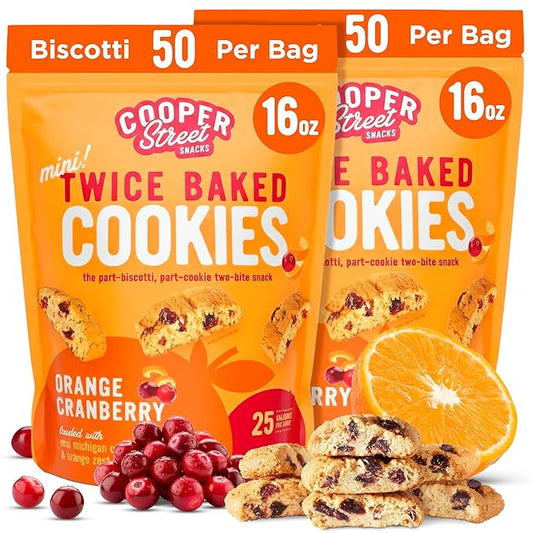 Cooper Street Twice-Baked Orange Cranberry Biscotti Cookies (16 oz - Pack of 2) – Over 50 Biscotti per Bag Loaded with Real Fruit, Italian Style Snacks with Coffee or Tea - Dairy, Peanut & Soy Free