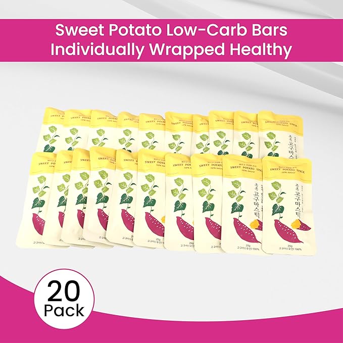 Korean Sweet Potato Sticks 20 Packs 100% Natural, Vegan, Low Carb, Gluten-Free Korean Snacks Pack with Dried Sweet Potatoes, Individually Wrapped for Healthy South Korean Diet Food (0.7 Oz EA)