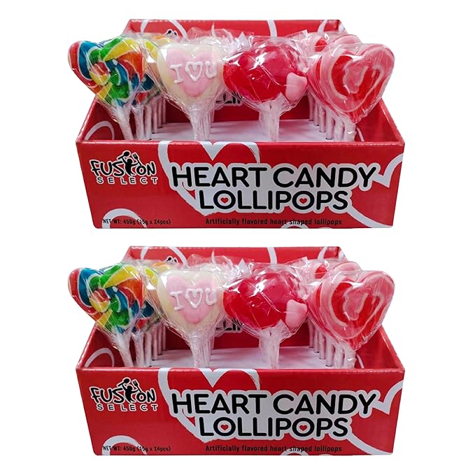 Fusion Select 48 Heart Shaped Lollipops Candy - Sweet Heart Lollipops for Party Bag Fillers, Pinata Stuffers - Ideal for Valentine's Day, Mother's Day, Halloween - Bulk Party Pack, Assorted Lollipops